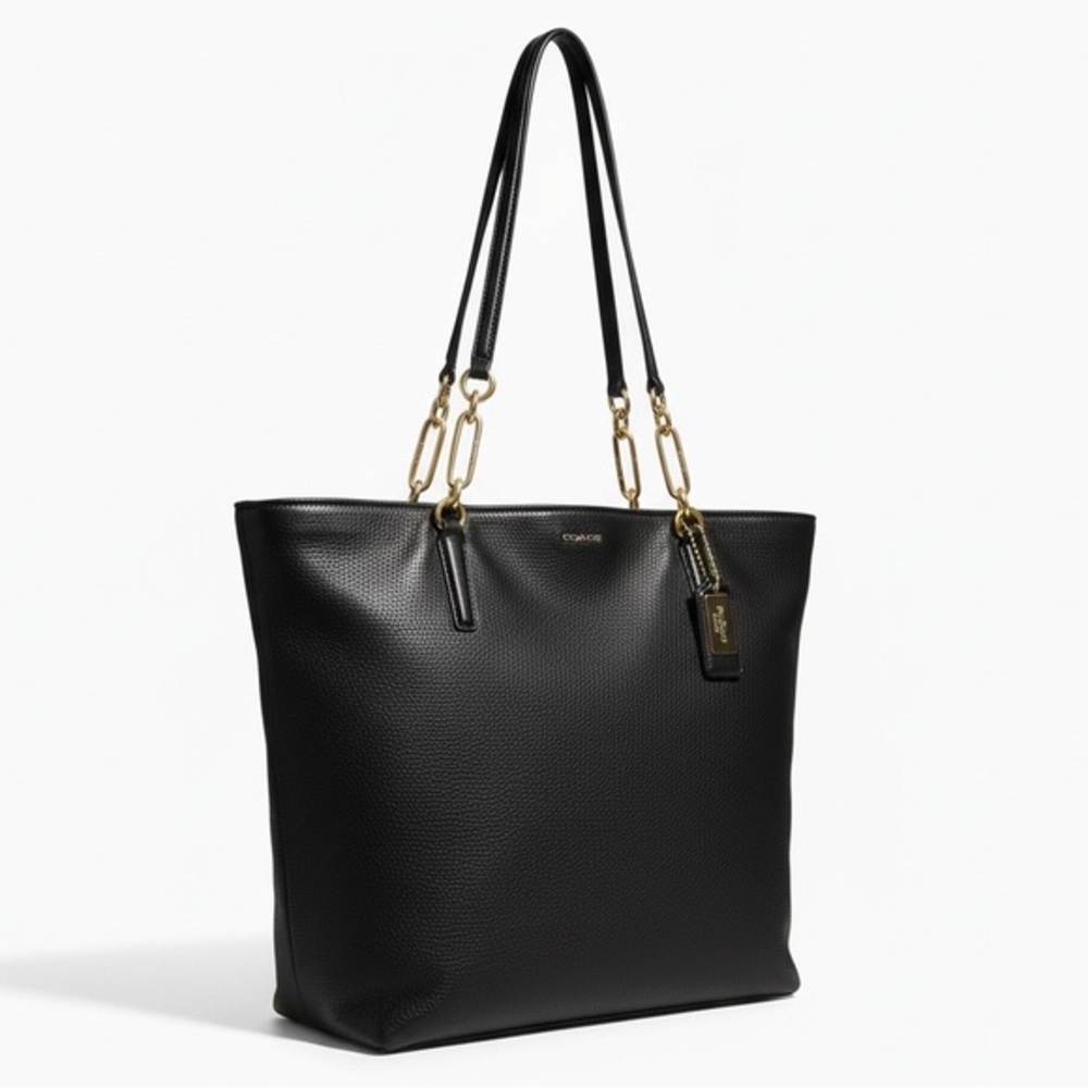 Coach Black Pebbled Leather Tote Gold Chain Shoulder Bag Classic Work Everyday